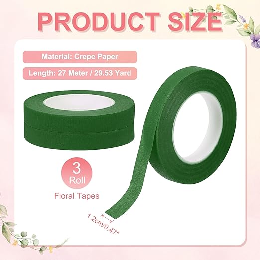 MECCANIXITY 3 Rolls Floral Tapes, 30 Yard x 1/16 in Florist Crepe Flowers Bouquets Tape Adhesive Waterproof for Flower Arranging Wrapping, Green