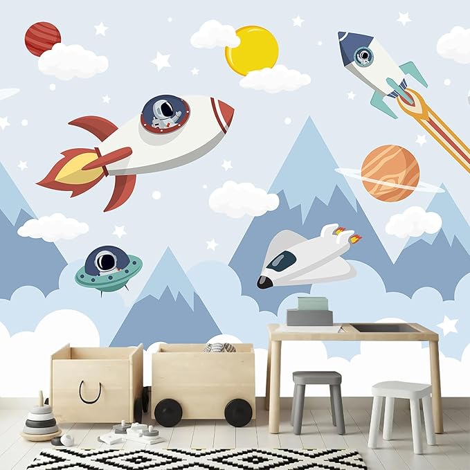 AFZEVEB-Space Mural Hand-Painted Cartoon Wallpaper for Kids Room 136"x96"(Not Peel and Stick)