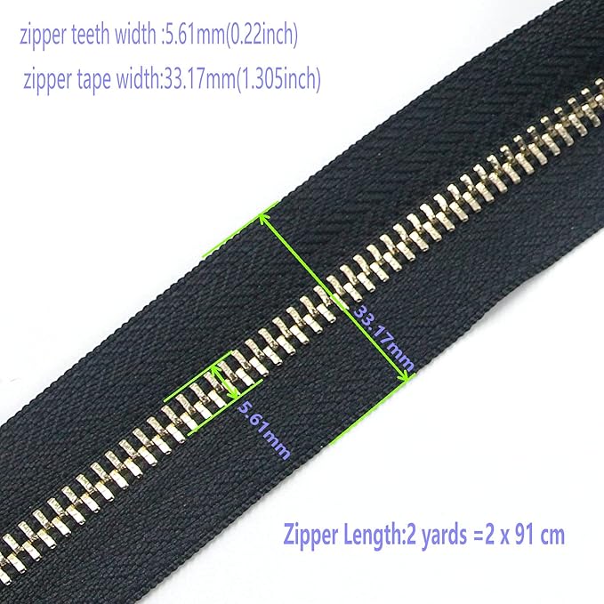 Leekayer #5 Metal Zippers Roll Bulk 2 Yards Black Zipper by The Yards with 10 pcs Sliders Light Gold Teeth Zipper for Sewing Bag Craft Backpack, Wallets, Purses Handmade