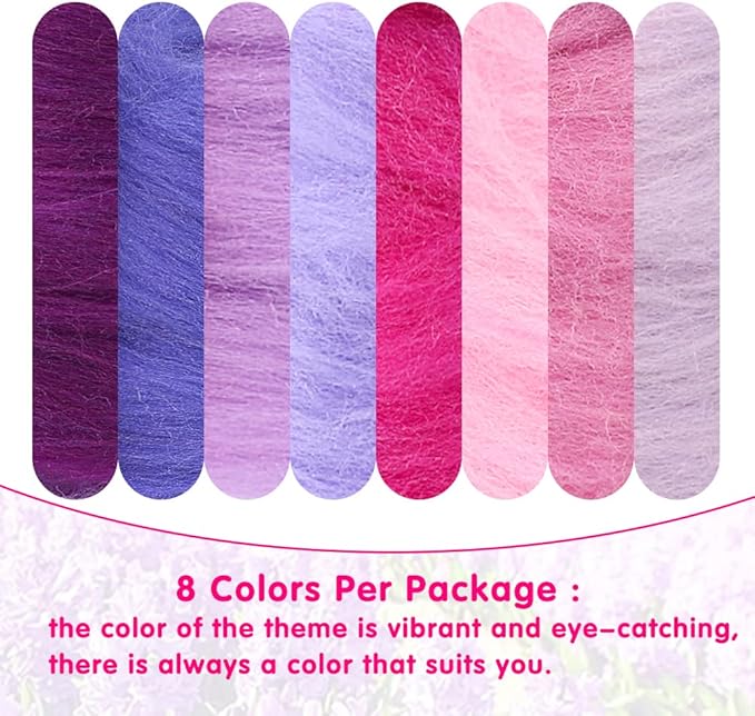 Wonvoc Needle Felting Wool 80 g, 8 Colors Nature Wool Roving, Felting Wool Bulk, Wool Roving for Needle Felting, for DIY Craft Materials and Felting Wool Craftsmen, 10g/Color, Purple