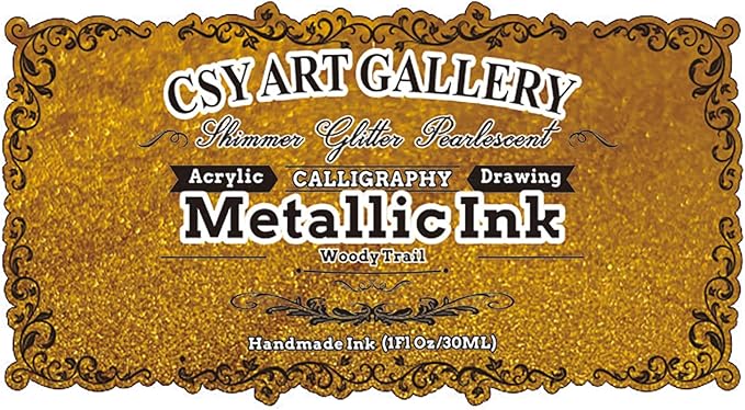 CSY Art GalleryMetallic Acrylic Paint Inks -Gold Calligraphy Ink -Golden Iridescent Pigment for Painting,Drawing,Sketch,Resin,Wood,Ceramic (Woody Trail)