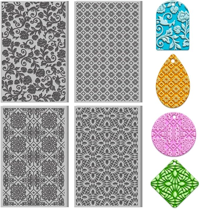 4PCS Polymer Clay Texture Sheets Set for Using with Clay Cutters, Vintage Clay Texture Mats, Pottery Jewelry Making Kit DIY Creative Crafts Tools