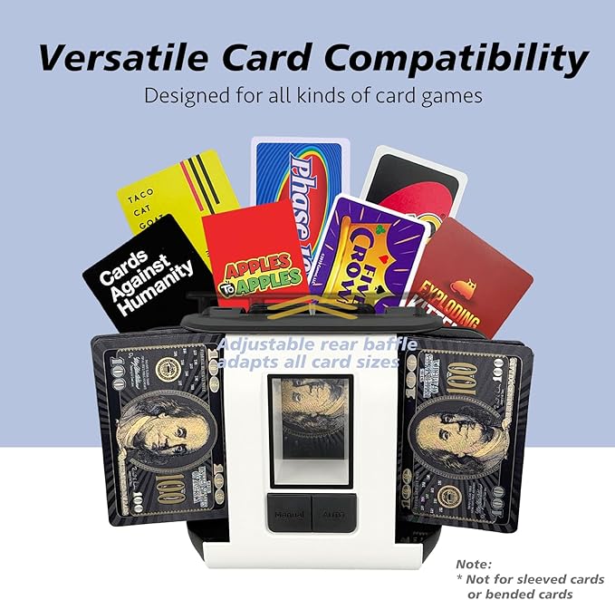 Automatic Card Shuffler,One-Press Auto & Manual Modes,Electric Shuffling for 1-2 Decks,Low Noise,Rechargeable & Portable,Ideal for Poker,UNO,Blackjack,Skip Bo,Phase 10,Crazy 8 (Black)