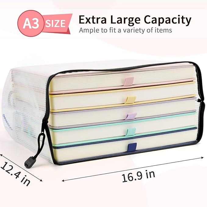 Umriox Zipper Pouch, 16.9x12.4 in (12 Colors, 12 Packs), Extra Large Mesh Bags, Waterproof Zipper Pouches for Office Supplies, Puzzles, Board Game Storage & Cross Stitch Projects