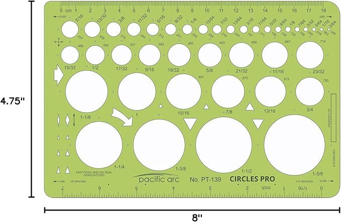 Pacific Arc Circle Template - 55 Shapes from 3/64” to 1.625" - Drawing Aid Stencil for Professional or School Work - Size 6.375" x 9.75"