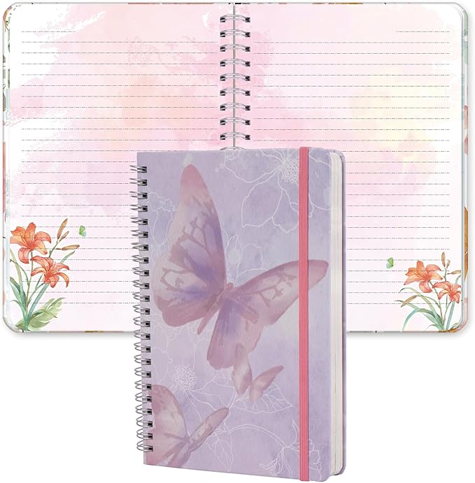 SIIXU Unique Floral Spiral Notebook - A5 Hardcover 160 Pages with Beautiful Art Pages, College Ruled for Memo Writing, Daily Poetry Journal, Junk Journal & School Supplies, Purple