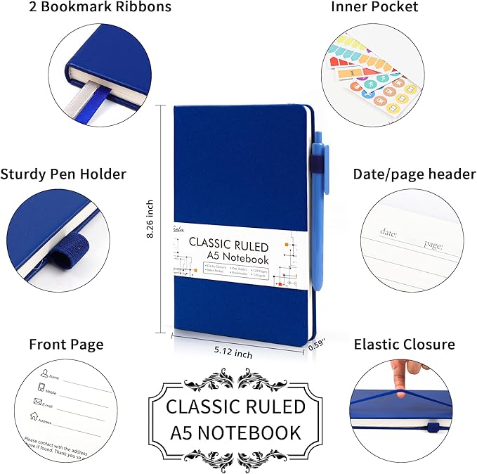 feela 24 Pack Journal Notebook for Work, Business Notebook Bulk Hardcover Lined Writing Journal with Pen Holder for Men Women Note Taking, with 24 Black Pens, 120 GSM, 5.1”x8.3”, A5, Navy