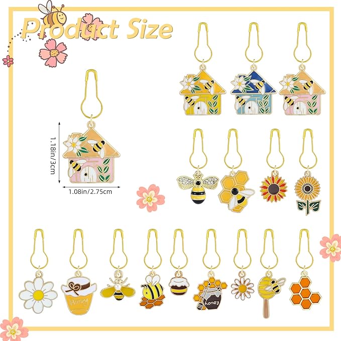 BEEFLYING 16Pcs Bee Honeycomb Stitch Marker Charms, Alloy Enamel Knitting Stitch Marker Charm Pendant for Sewing Crocheting Accessories