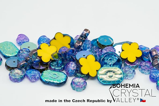 2.1oz (60g) of Focal Glass Bead Mix with Table-Cut Flower and Butterfly Beads, PG Blue