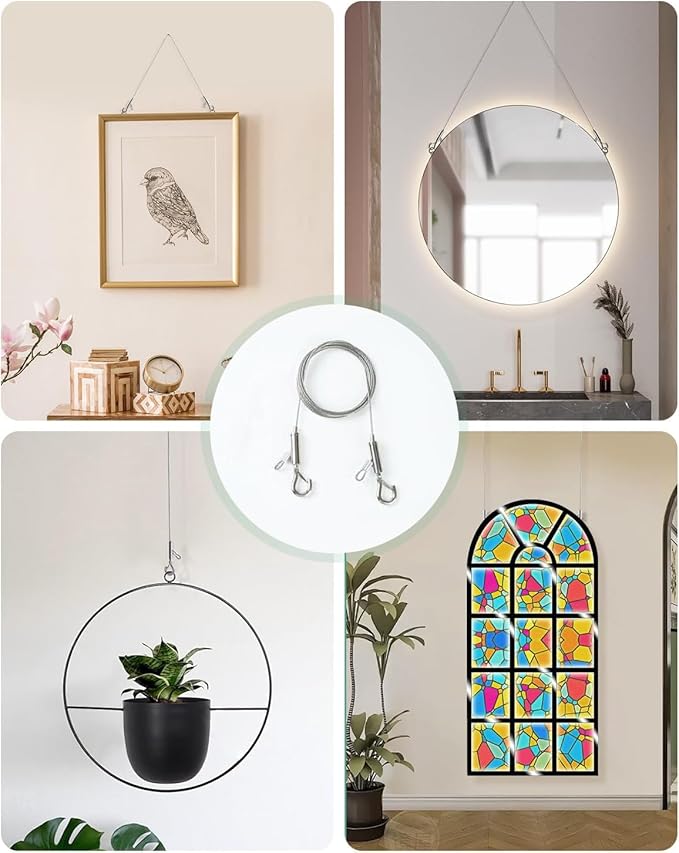 Picture Hanging Wire Kit, 4Pcs Adjustable Frame Wire 2m x 1mm Small Hooks Heavy Duty 50lbs, 8pcs 3-Hole D Rings Picture Hangers with Screws, for Canvas Paintings/ Mirrors/ Frames