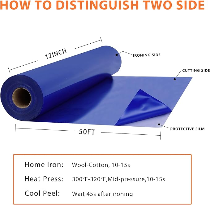 RENLITONG Blue Iron on Vinyl 12Inch by 50ft Roll HTV Heat Transfer Vinyl for T-Shirt HTV Rolls for All Cutter Machine - Easy to Cut & Weed for Heat Transfer Design