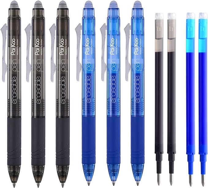 ParKoo Retractable Erasable Gel Pens Clicker Fine Point 0.7 mm, Make Mistakes Disappear, 3 Black/3 Blue Ink Pens with 4 Bonus Refills for Drawing Writing Journaling and Crossword Puzzles