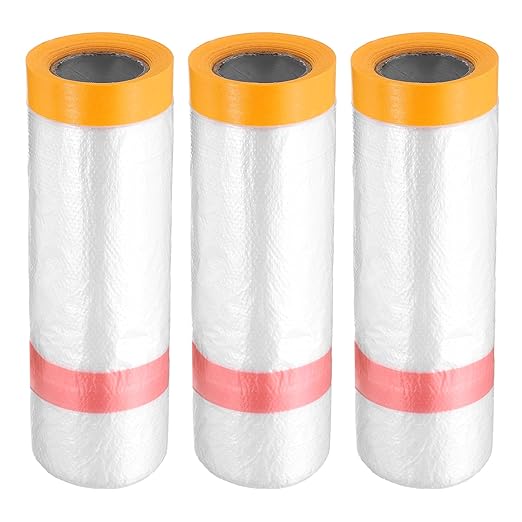 HARFINGTON 3 Rolls Pre-Taped Masking Film 43.3" x32.8ft Double Adhesive Tape and Drape Painters Plastic Drop Cloth Film with Tape Plastic Sheeting for Automotive Painting Covering