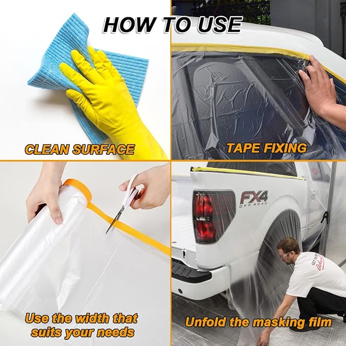 6 Pack Protective Masking Film with Tape 5 x 65 Ft Car Painters Plastic Sheeting Roll Tape and Drape Masking Film for Automotive Painting Covering Frames, Furniture, Auto Body