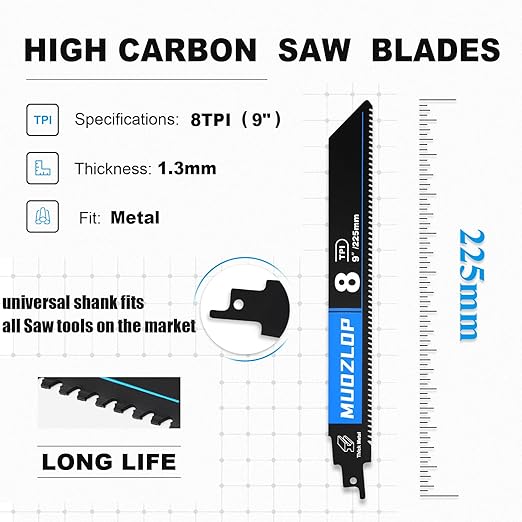 1 Pack 9 inch Reciprocating Saw Blades Set，8 TPI High Carbon Saw Blades for Metal ，Saw Blades with Organizer Case (1, 8T/9inch)