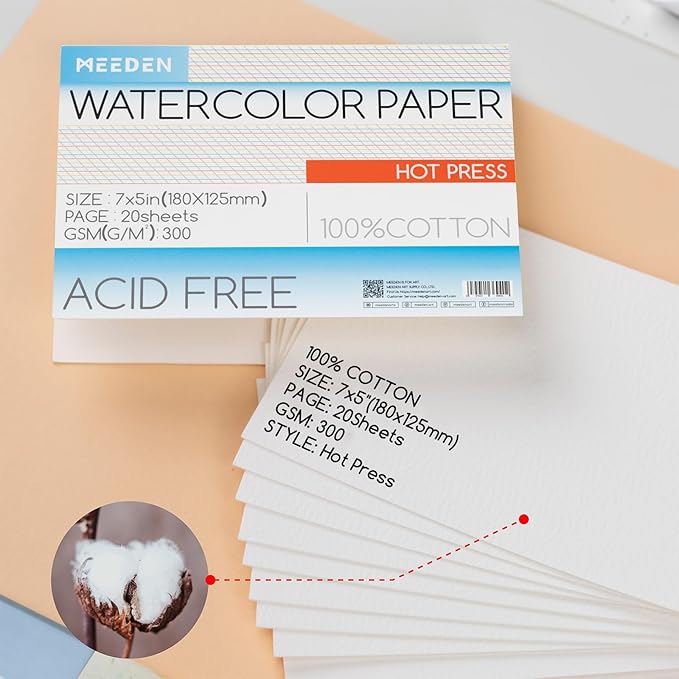 MEEDEN Watercolor Paper Block, 100% Cotton Watercolor Paper Pad of 20 Sheets, 140lb/300gsm, Acid-Free Art Paper for Watercolor, Gouache, Ink and More, 5" x 7" Hot Press