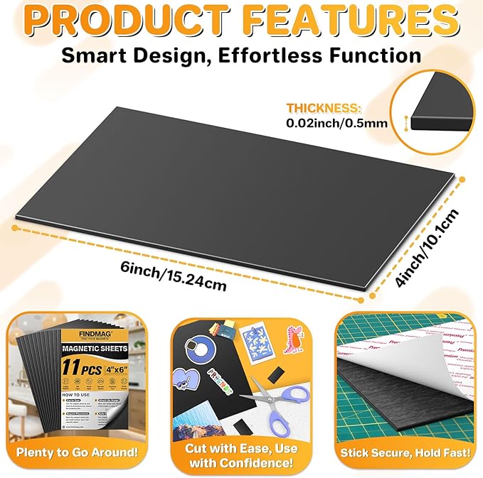 FINDMAG Magnetic Sheets, 11 Pack, 4" x 6" Magnet Sheets with Adhesive Backing, Cut and Customize Flexible Self Adhesive Magnetic Sheets for Picture, Photo, Craft and DIY