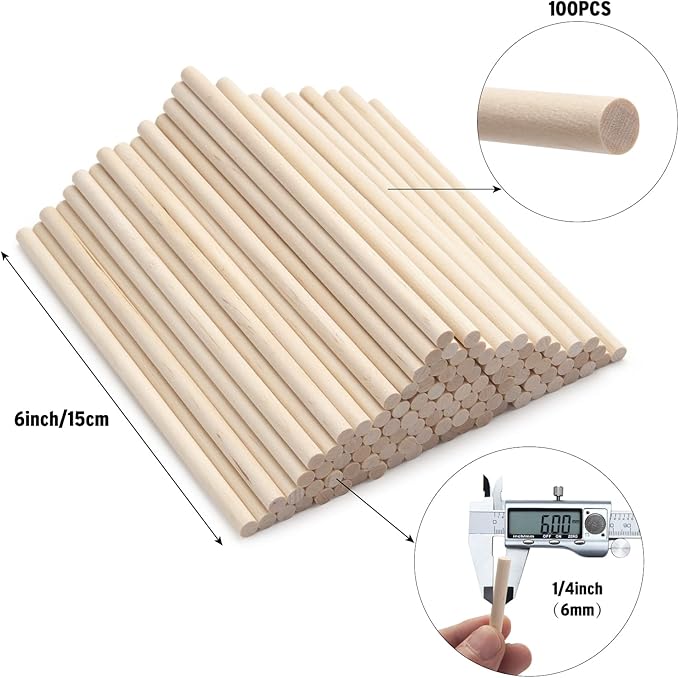 Wood Dowels Wooden Dowel Rods, 100PCS 1/4 x 6 Round Wooden Sticks for Arts and Crafts, Small Unfinished Hardwood Sticks for DIYers Crafting, Cake Support, Lollipop, Photo Booth Props, Home Decor