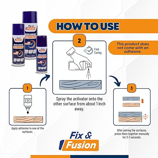 FIX & FUSION Activator Spray (6.76 Fl Oz), Instant Cure Accelerator for Cyanoacrylate (CA) Super Glue for Wood, Plastic, Rubber, Granite, and DIY & Professional, Accelerates Bonding Strength, (6 Pack)