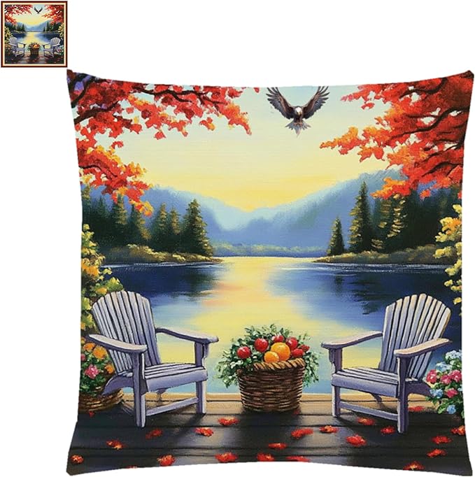 Fanxvivy Stamped Cross Stitch Kits for Adults Beginners Pillow Needlepoint Kit with Embroidery Pattern Needlework Kit Prestamped Stitches Kit 11CT Cross Stitching-Drinking Tea by The Lake 18x18 inch