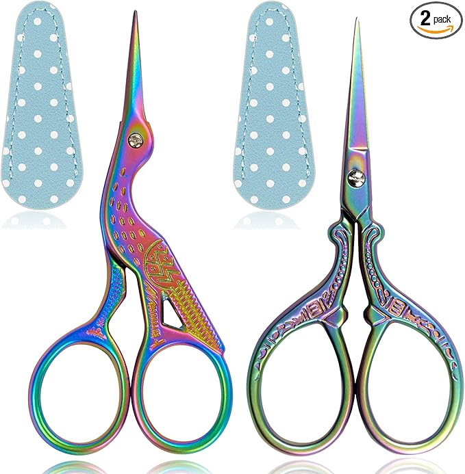 BIHRTC Rainbow Embroidery Small Precision Stainless Steel Scissors with Leather Cover DIY Tools Shears for Crochet Sewing Crafting Art Work Threading Needlework Knitting
