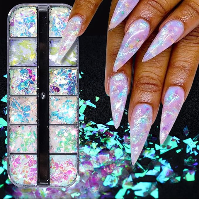 12 Colors Holographic Glitter Nail Art Sequins Aurora Iridescent Nail Flakes Glitter Chameleon Flakes Irregular Ice Slag Glass Paper Ultra Thin Mermaid Nail Glitter for Nail Art Make-up DIY Decoration