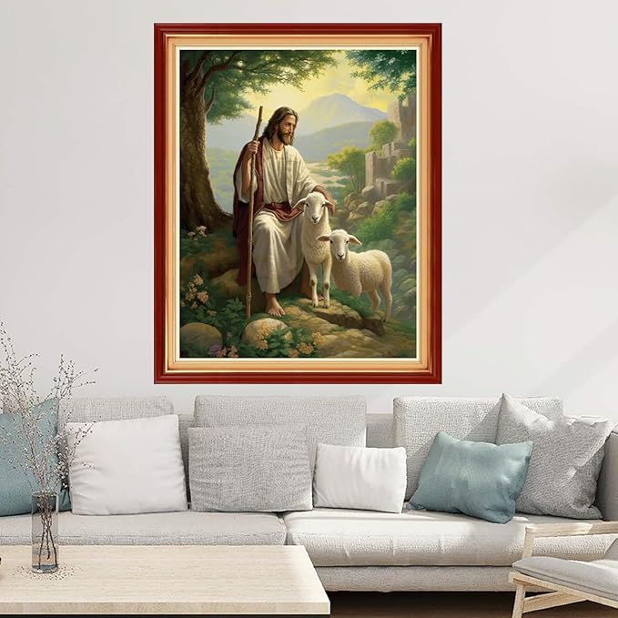 Joyhoor Cross Stitch Kits for Beginners Stamped Cross-Stitch Supplies Needlework preprint Embroidery Kits for Adults DIY Needlepoint Kits Embroidery Patterns 11CT-Jesus Shepherds the Sheep 16x20 inchs