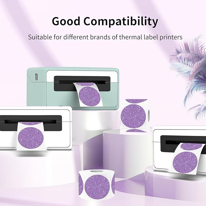 1.5" Holographic Direct Thermal Label Stickers, Round Printable Thermal Printer Sticker Labels for Gift Wrapping, Self-Adhesive- Glitter Purple