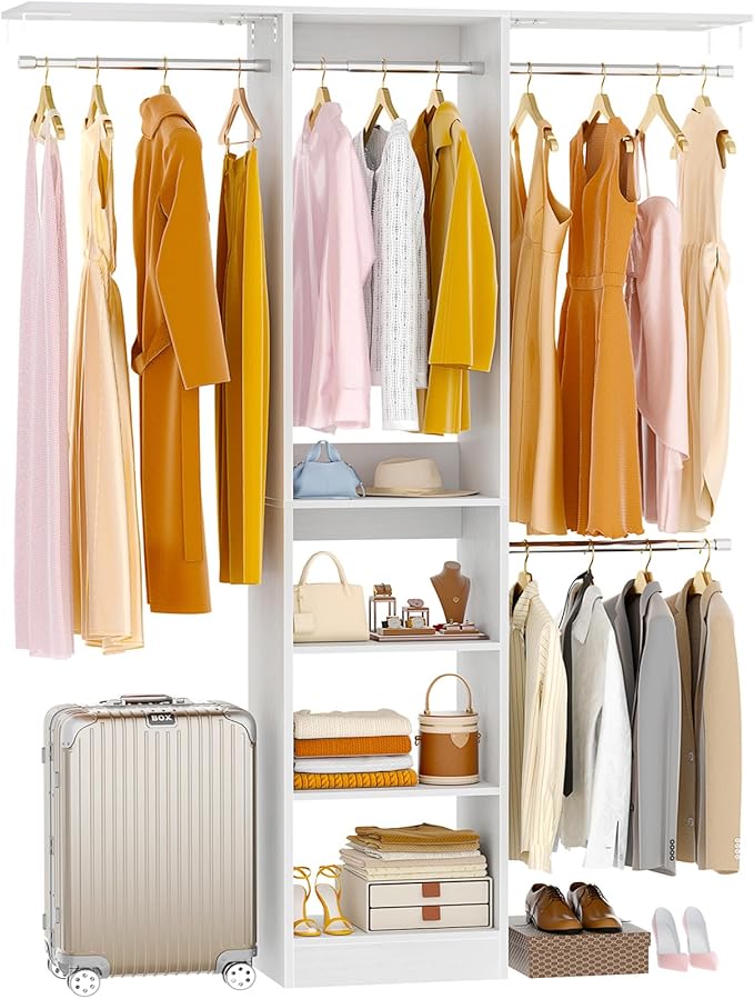 48" Small Closet Organizer, 4FT Small Closet System with 4 Closet Rods & 3 Shelves, 80"H Small Closet Organizers and Storage for Small Bedooms, Cloakrooms, Laundry Rooms, White