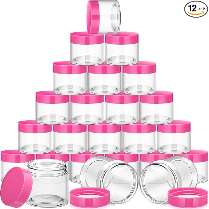 SATINIOR 12 Pack 10 oz Plastic Container Jars with Lids Round Clear Travel Cosmetic Container Slime Jars for Toiletries, Lotion, Cream, Ointments, Makeup, Rhinestone, Samples, Kitchen Storage(Pink)