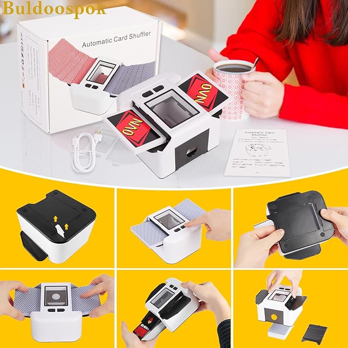 Automatic Card shuffler 1-2 Deck, 2000 mAH USB-C Rechargeable Electronic Card shuffler, Quiet Card shuffler for UNO Poker Blackjack Canasta Skip-Bo Phase 10, One-Press AUTO and Manual