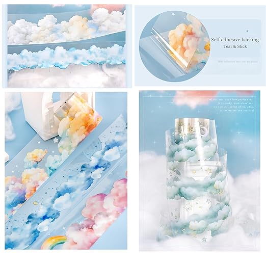 PET Tape Set for Journaling,6 Rolls Cloud Theme Washi Tape Stickers for Scrapbook Supplies,Notebook,Photo Album,Junk Journal,DIY Crafts(Fig. High in The Clouds)