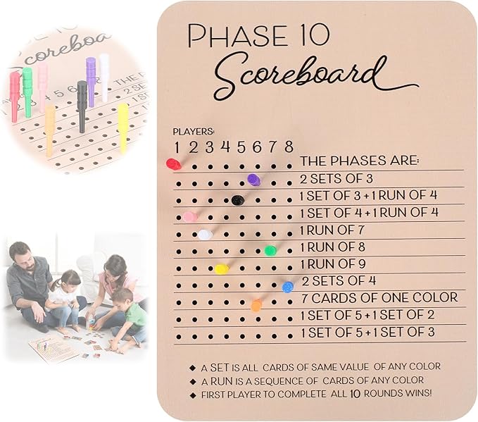 Phase 10 Score Board, Wooden Phase 10 Scoreboard, Phase 10 Score Sheets with 8 Colored Pegs, 10 Scorecard and Round Tracker, Classic Family Adults Board Card Games Night Table Score Boards