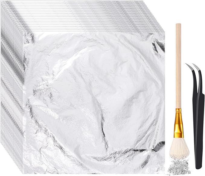 Cunhill 200 Pcs Gold Leaf Sheets for Art Foil Paper Leaf Art Foil Sheets Gilding Brush Thin Paper Craft for Painting Gilding Crafting Decoration,5.5 x 5.5 Inches(Silver)