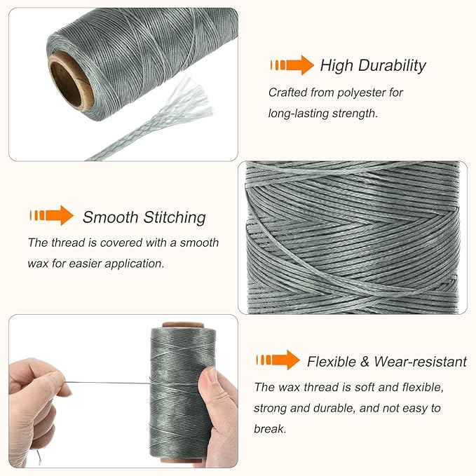 MECCANIXITY Waxed Thread,284 Yard 0.8mm 150D Flat Wax Thread Polyester Waxed String for Leather Sewing Hand Weaving Book Binding Home Decoration,Gray