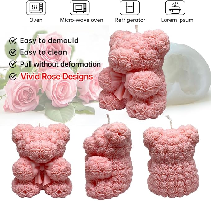 Bowtie Rose Bear Candle Mold - Resin Candle Making Molds, Epoxy Resin Silicone Molds for DIY Candle, Mother's Day Gifts, Birthday Gifts,Home Decor(Bow Tie Bear Extra Large)