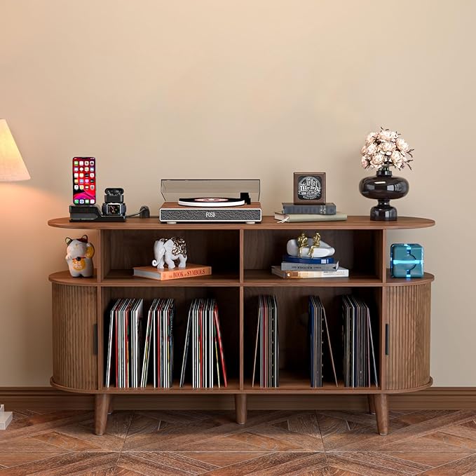 Large Round Record Player Stand with Charging Station & USB Ports，Record Storage Cabinet, Mid Century Modern Turntable Stand for Bedroom Living Room (Walnut)