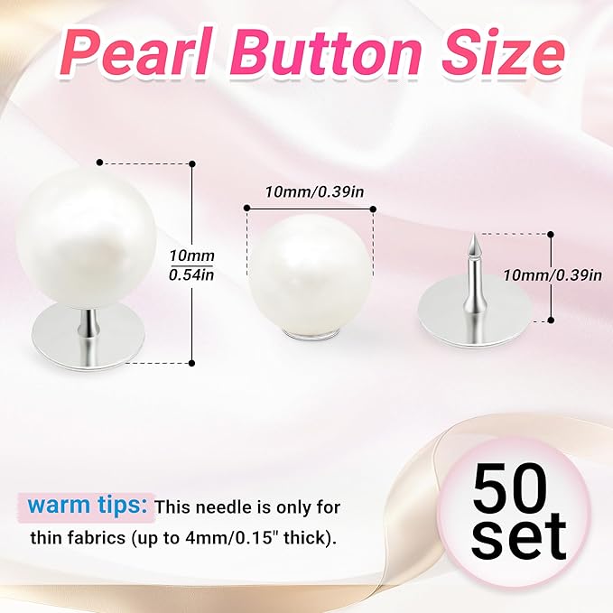 50 Sets Pearl Buttons No Sew Buttons for Clothes, 10mm Pearl Brooch Pins Reusable for Women, White Safety Pins for Dresses, Shirts, DIY Crafts, Fashion Decorative Accessories