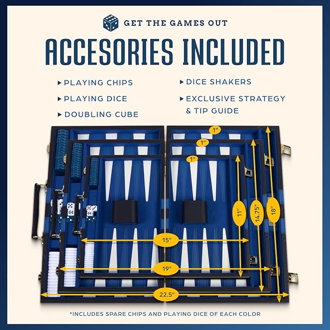 Get The Games Out Top Backgammon Set - Classic Board Game Case - Best Strategy & Tip Guide - Available in Small, Medium and Large Sizes (Blue, Large)