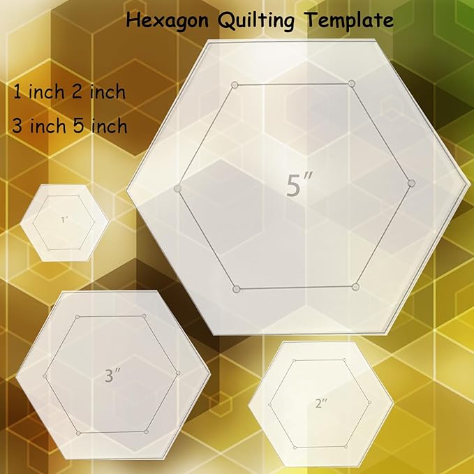 4 Pieces Hexagon Quilting Template with 1/4 Inch Seam Allowance, Hexagon Acrylic Quilting Rulers and Templates for Sewing DIY Manual Crafts Including 1 Inch, 2 Inch, 3 Inch, 5 Inch