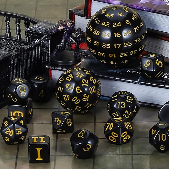 CiaraQ DND Polyhedral Dice Set (15pcs) D4-D100 Game Dice with Dice Bag for Dungeons and Dragons Role Playing Table Games (Black & Yellow)