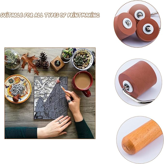 3Pcs Brayer Rubber Rollers, Printmaking Brayers, Art Craft Roller, Craft Stamping Brayers, Brayer Ink Roller with Comfort Wooden Handle for Print Stamping Tools Wallpapers and Scrapbooks