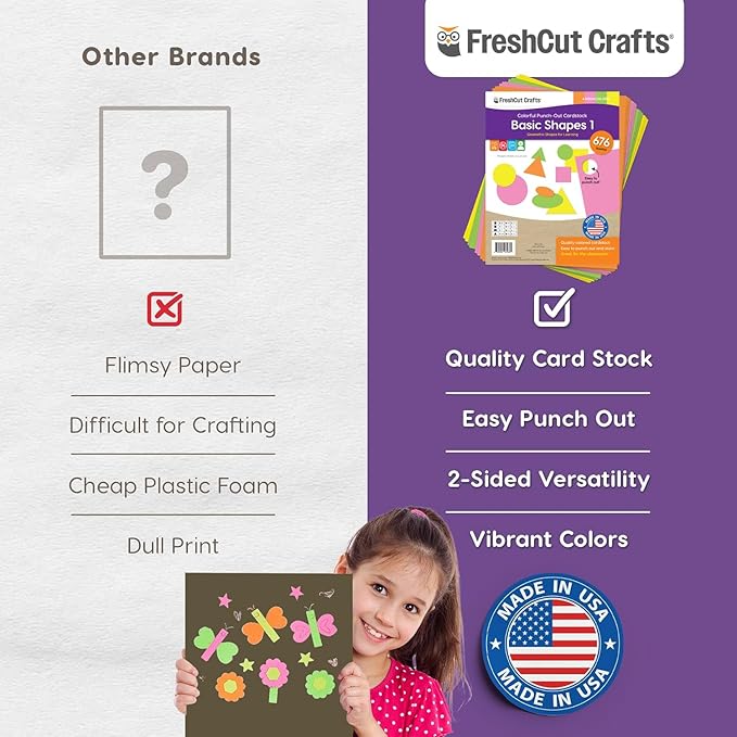 Basic Shapes 1: Circles, Triangles, Squares, Ovals, 676 Pieces US Made Card Stock Punch Out Geometric Shapes in 3 Sizes and 4 NEON Colors for Math, Pattern Play and DIY Crafting