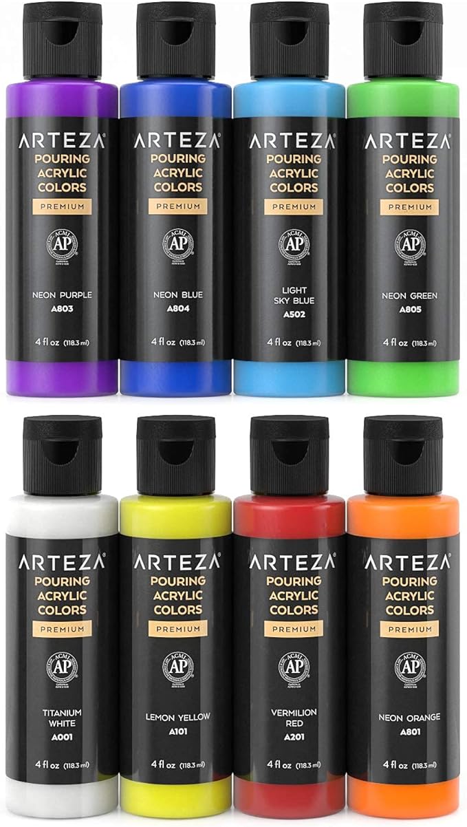 ARTEZA Acrylic Pouring Paint Set, 8 Rainbow Colors, 4 oz Bottles, High-Flow Paint, No Mixing Needed, Art Supplies for Canvas, Glass, Paper, Wood, Tile, and Stones