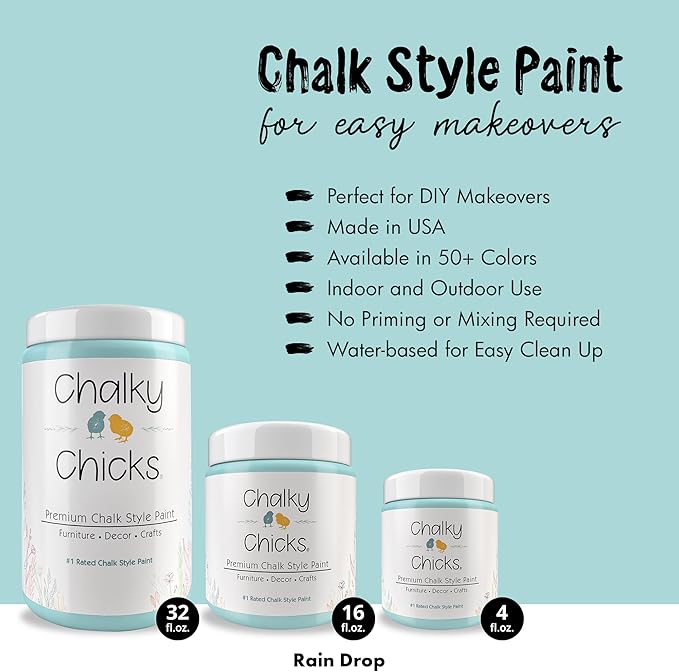 Chalky Chicks All-in-One Chalk Paint for Furniture or Cabinet - 16 Fl Oz - Matte Finish Rain Drop (Light Blue) for Metal, Wood Furniture Paint - No Sanding All-in-One for Home Decor & Crafts, USA Made