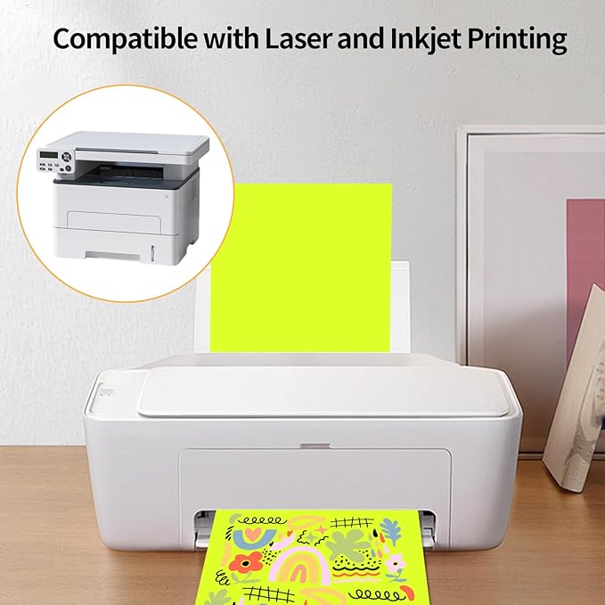Neon Yellow Sticker Paper Labels for Laser & Inkjet Printer, Fluorescent Yellow Printable Sticker Paper- Matte, Letter Size 8.5" x 11"