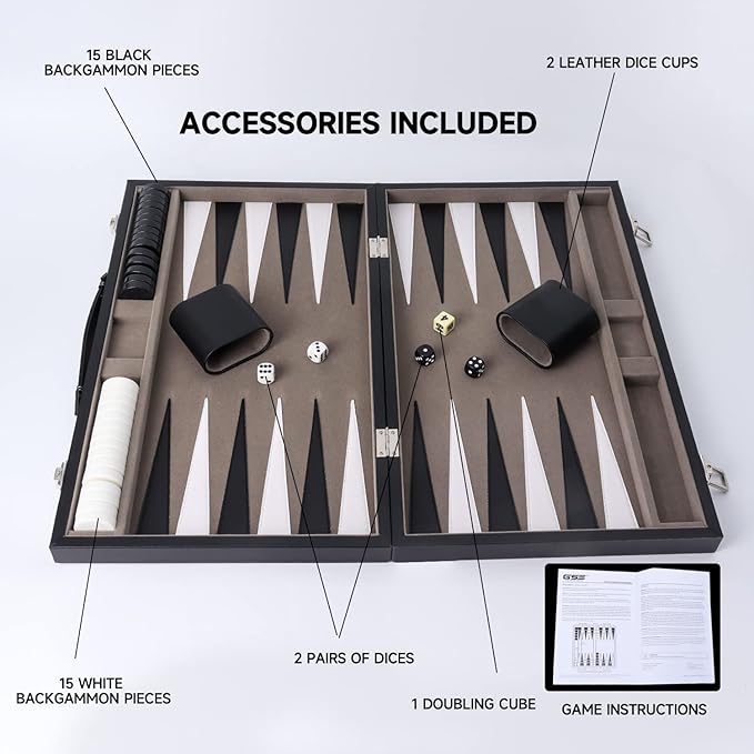 GSE Games & Sports Expert Premium Leather Backgammon Board Game Set, Classic Backgammon Game Set with Leather Case, Travel Folding Board Game (Black&Grey, Medium)