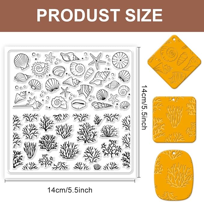 CHGCRAFT Polymer Clay Texture Sheets - Ocean Silicone Stamp for Coral Shells - Clay Pad for Making Earrings Jewelry, 5.5x5.5inch
