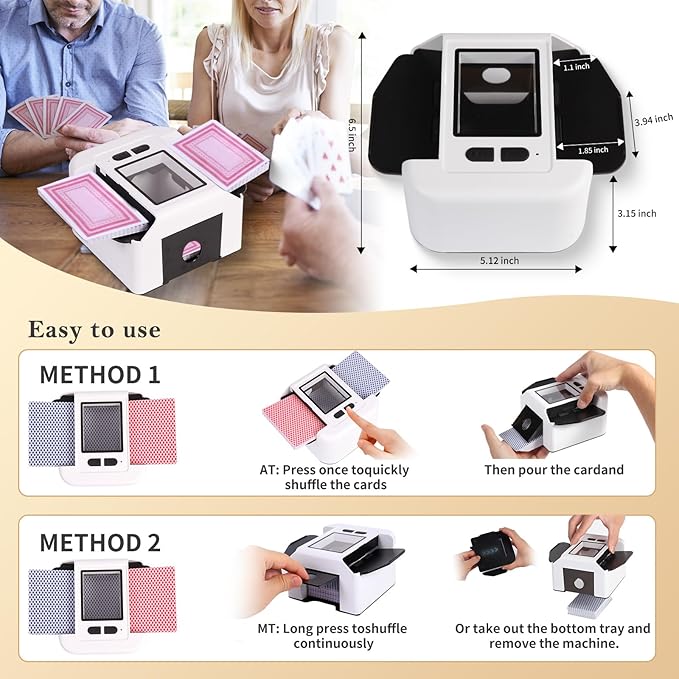 Automatic Card shuffler 1-2 Deck, 2000 mAH USB-C Rechargeable Electronic Card shuffler, Quiet Card shuffler for UNO Poker Blackjack Canasta Skip-Bo Phase 10, One-Press AUTO and Manual