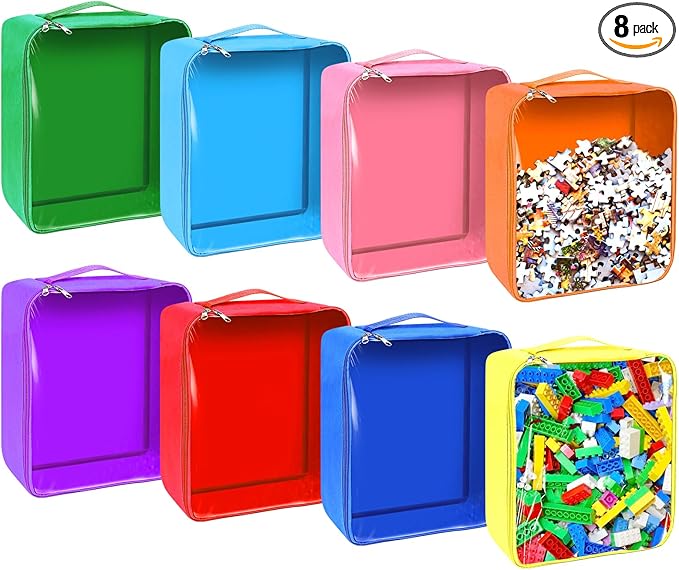 8 Packs Toy Storage Bags with Zipper, Clear PVC Organizing Bags, Reusable Toy Storage Organizer with Portable Handle, Travel Waterproof Organizer Bags for Building Blocks, Puzzle, Toys and Books